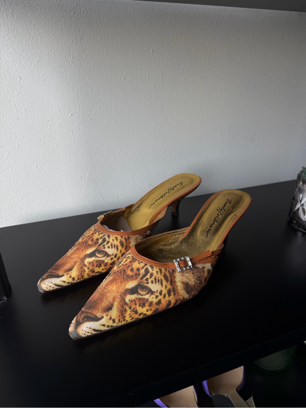 Vintage Beverly Feldman Crystal Leopard Print Pointed Toe Mules